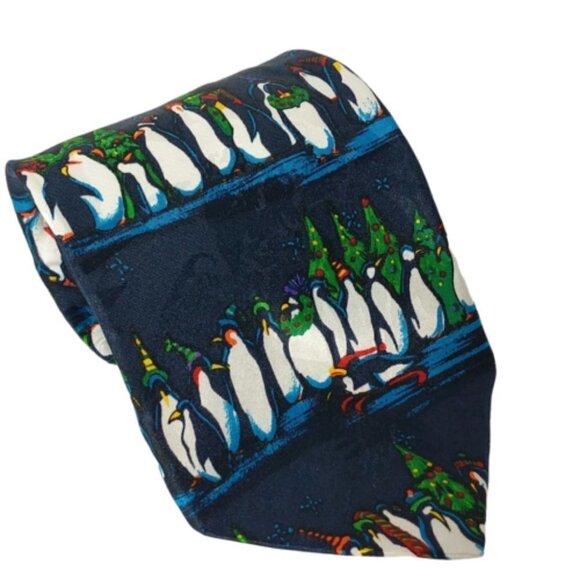 Christmas Tree Penguins Holiday Winter Novelty Necktie - Picture 1 of 6